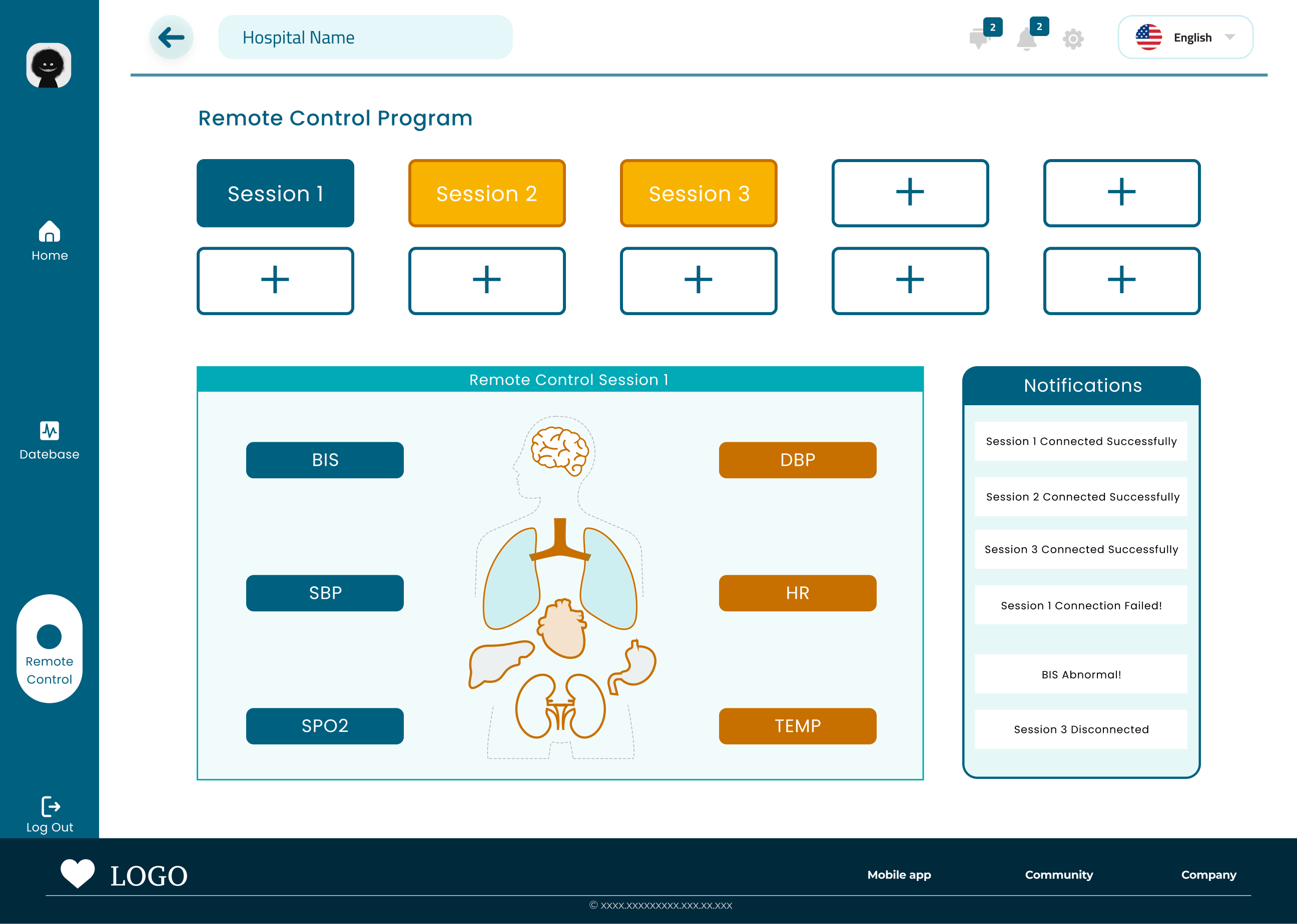 Remote control main hub screen